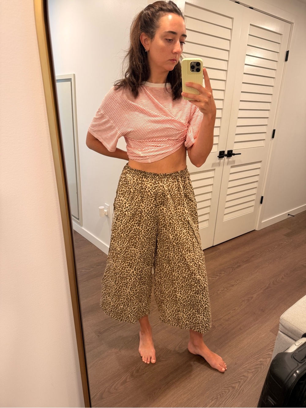 Leopard Print Wide Leg Cropped Pants - Brown